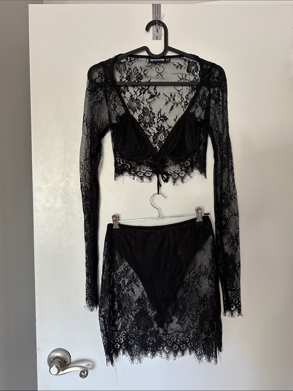 PrettyLittleThing Black Lace Two-Piece Crop Top & Skirt Set